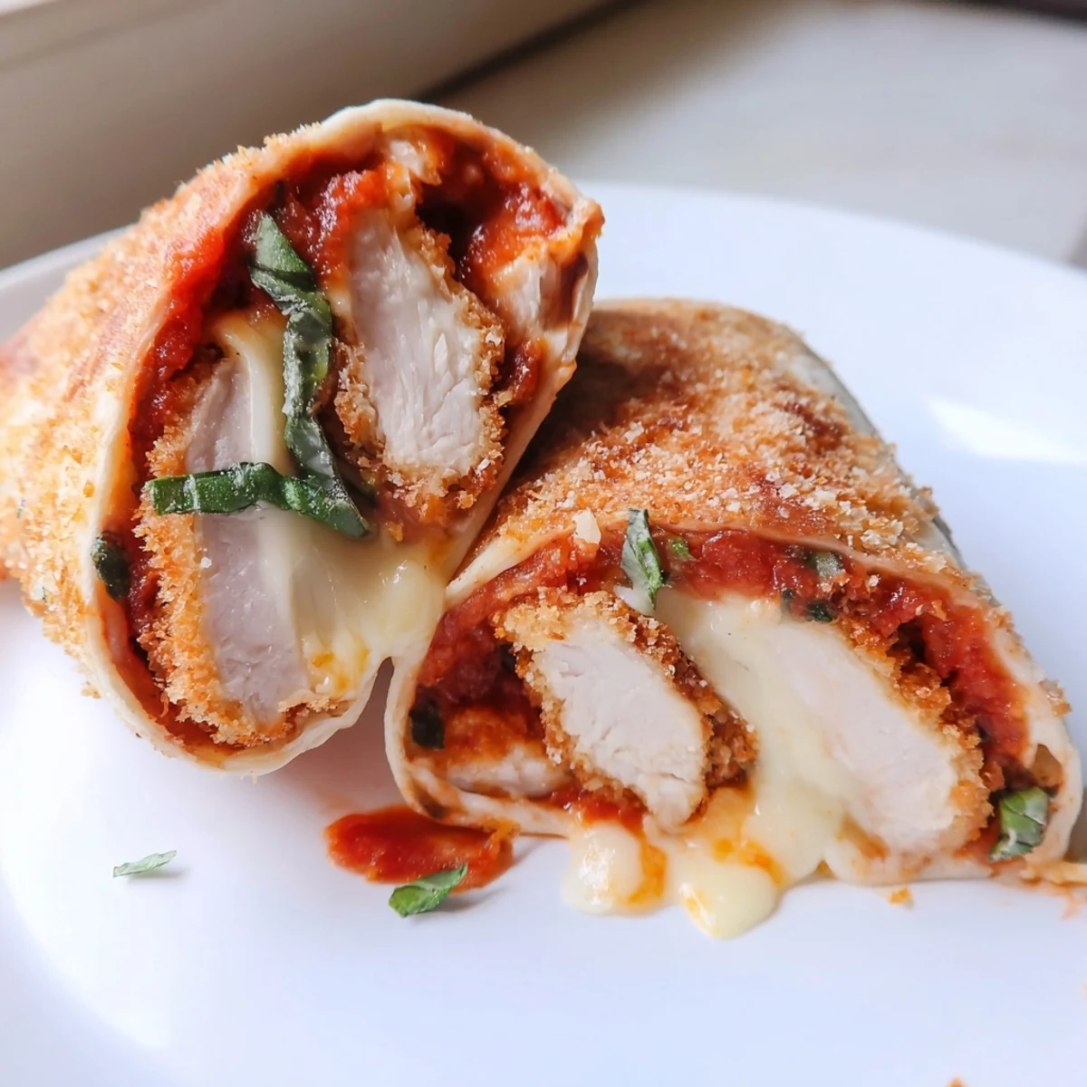 Handheld Crispy Chicken Parm Wrap on a plate, served with a small bowl of marinara dipping sauce for extra flavor.