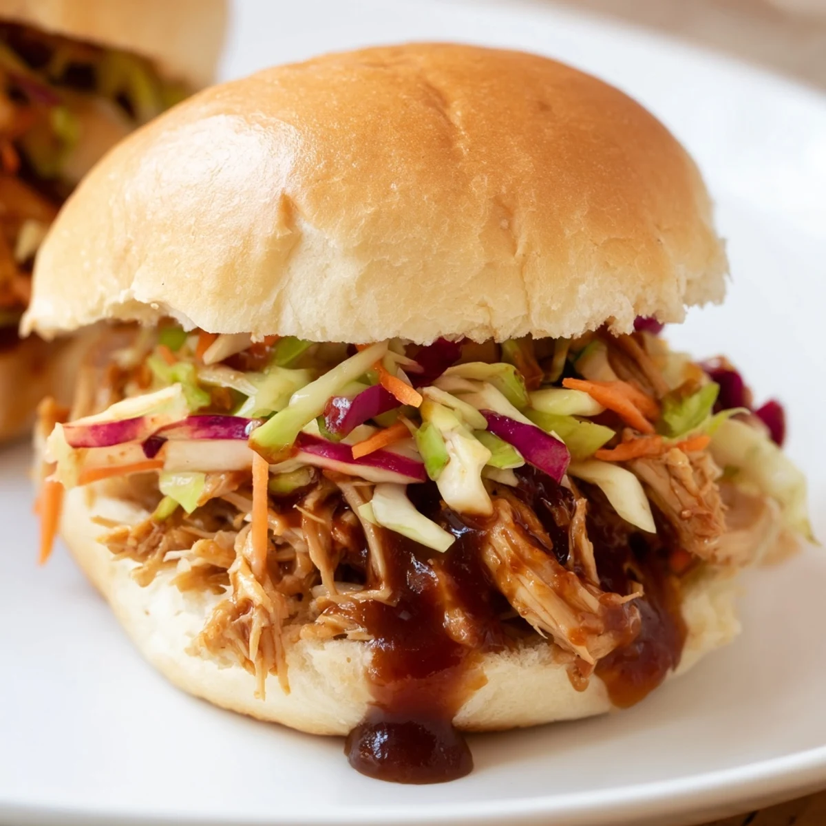 Golden BBQ chicken sliders piled high on a white plate, with tender pulled meat peeking out of toasted mini buns.  