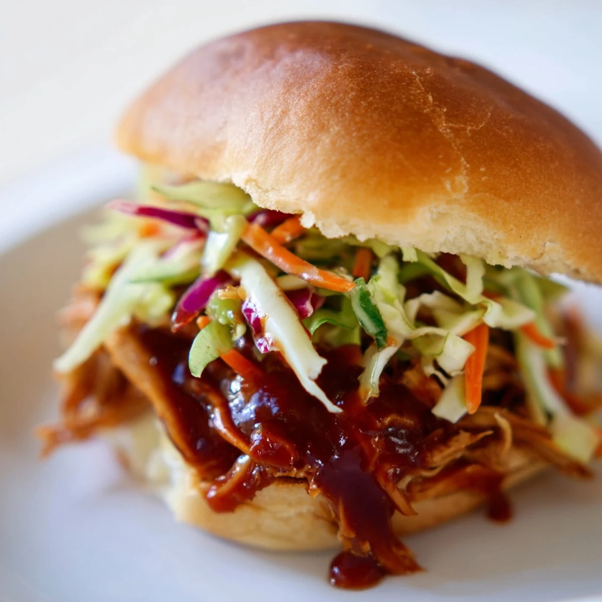 Freshly assembled BBQ chicken sliders with crunchy slaw, ready for a casual backyard dinner spread.