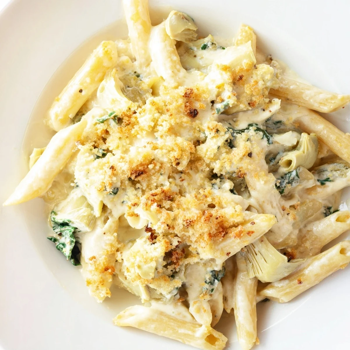 Golden baked Artichoke Pasta Bake in a casserole dish with bubbling cheese topping and fresh parsley garnish.