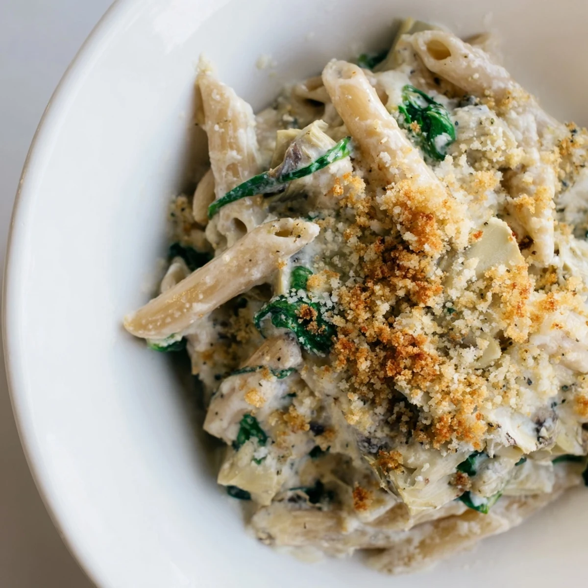 Fresh spinach and marinated artichoke hearts nestled in a creamy Artichoke Pasta Bake, ready to serve.