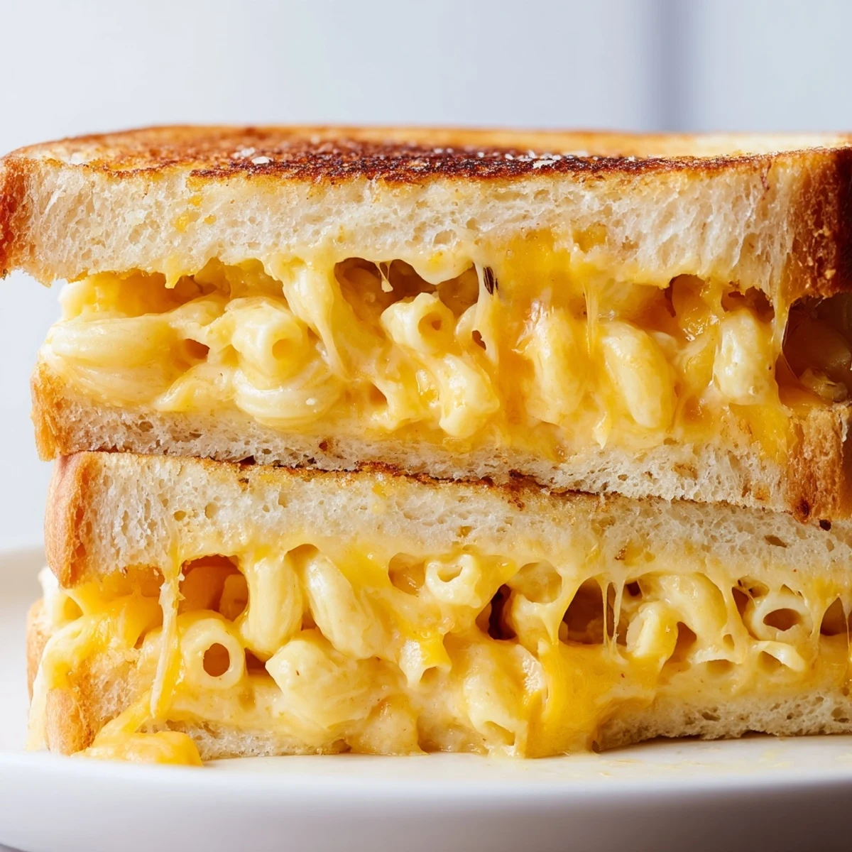 Golden-brown grilled bread encasing creamy homemade macaroni and cheese, served on a white plate with a side of tomato soup.