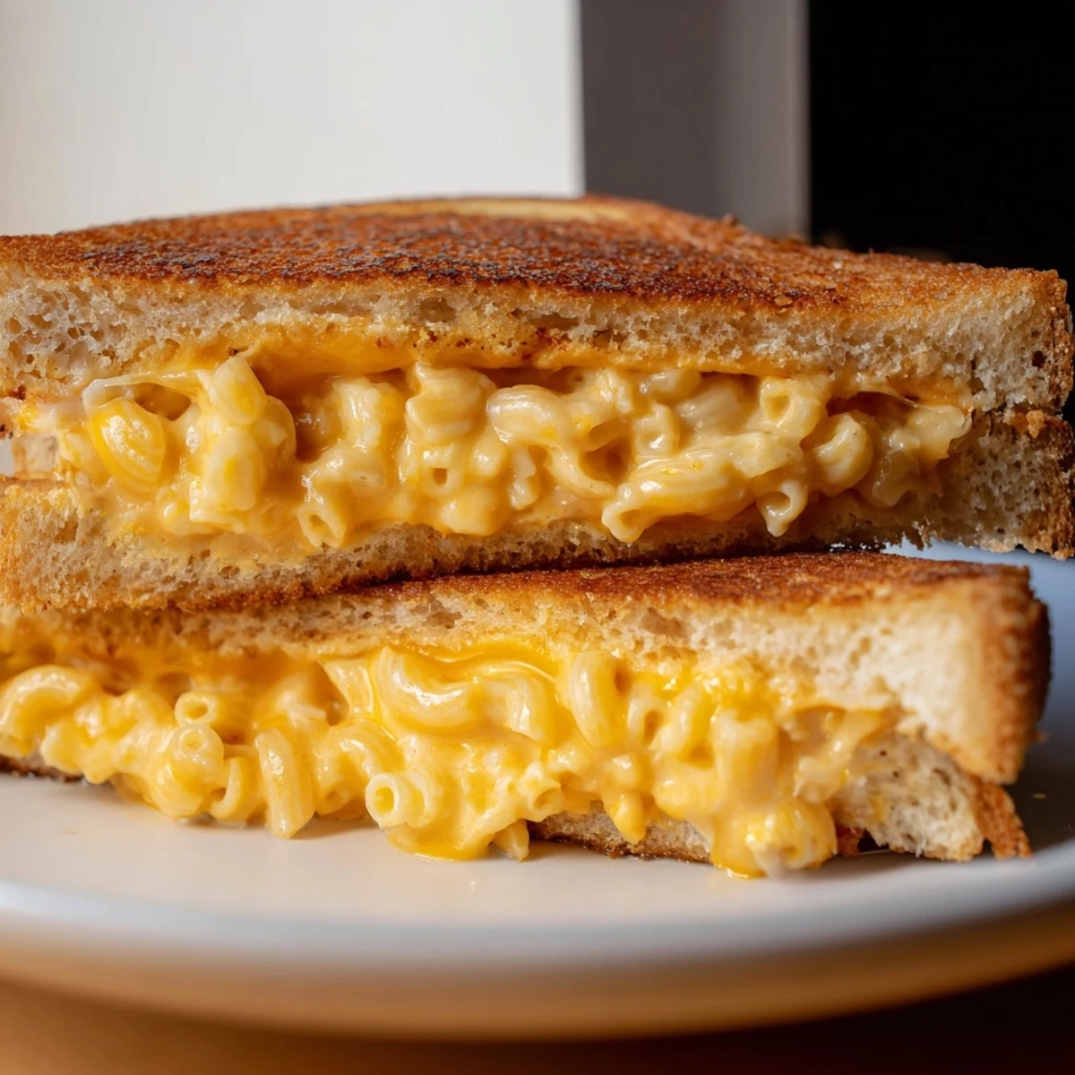 Comfort food dinner: thick slices of golden toasted bread filled with rich macaroni and cheese, close-up on a rustic table.