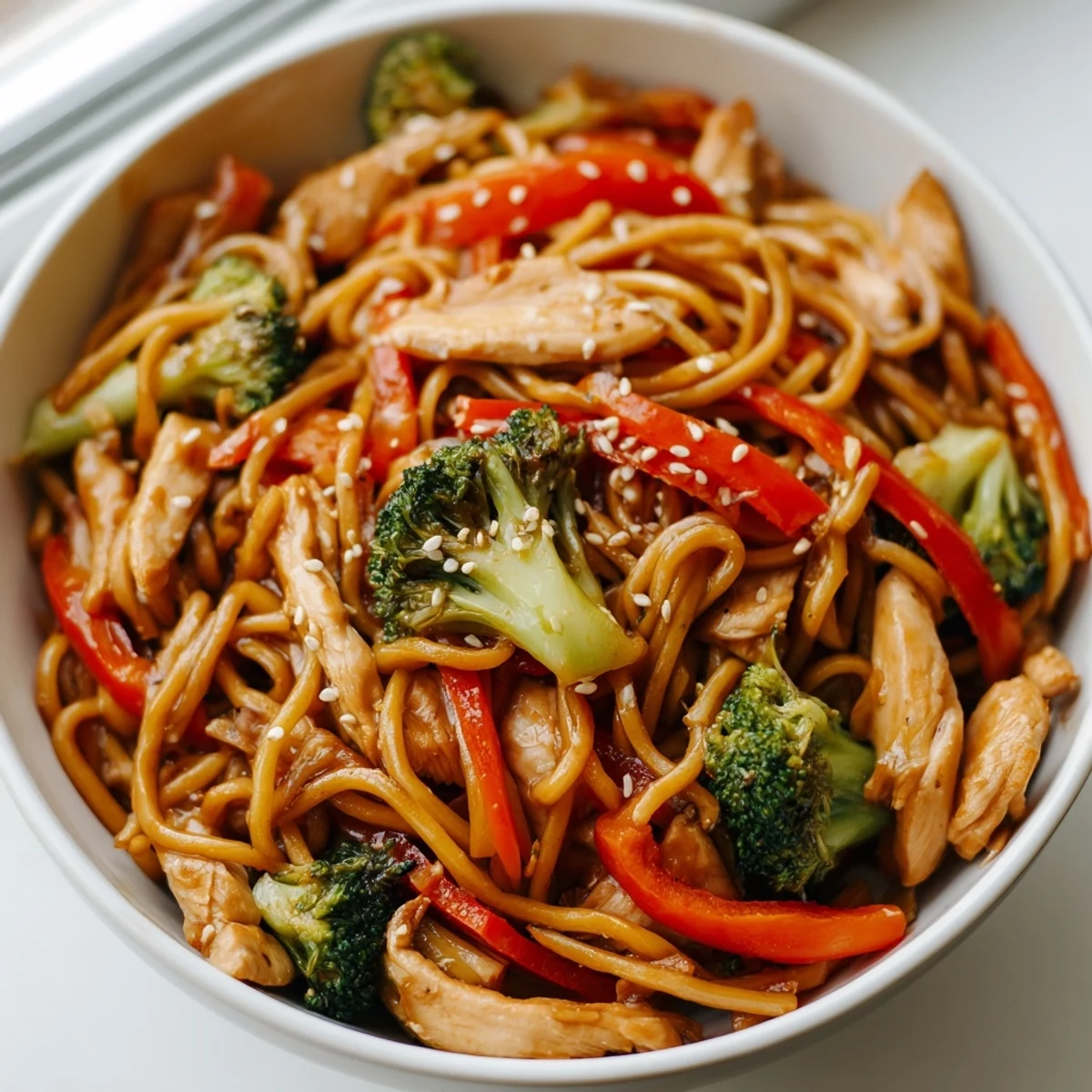 Vibrant Spicy Ramen Stir-Fry sizzling in a wok with tender chicken, crisp broccoli, and red bell peppers coated in a glossy, fiery sauce.  