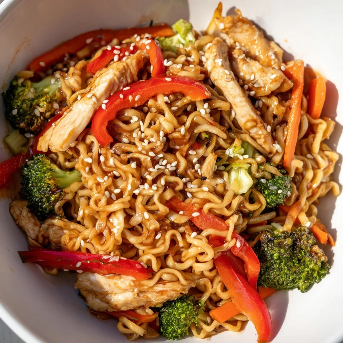 Steam rising from a warm bowl of Spicy Ramen Stir-Fry, garnished with green onions and sesame seeds, ready to enjoy.  