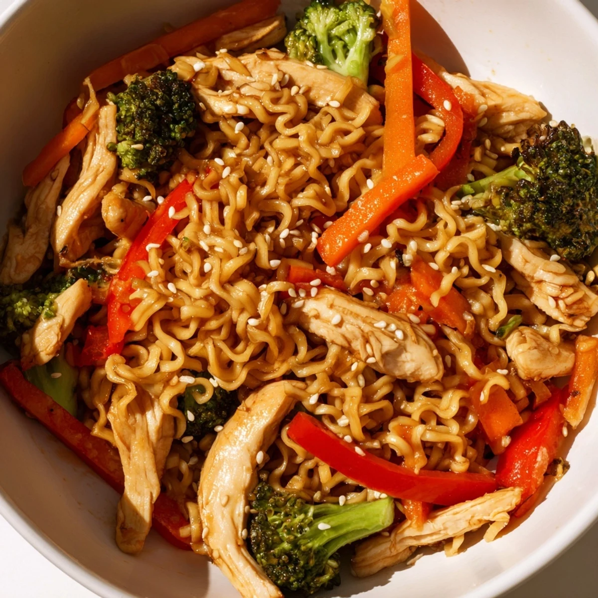 A close-up view of Spicy Ramen Stir-Fry featuring noodles, julienned carrots, and fresh cilantro, highlighting the dish's bold textures and colors.