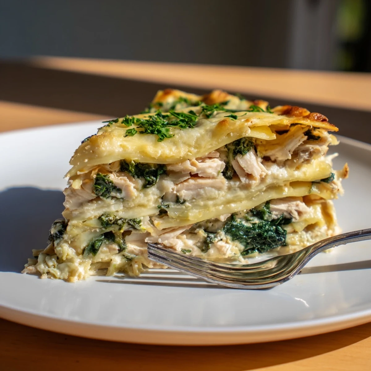 Golden-brown Chicken Alfredo Lasagna emerging from the oven, featuring melted mozzarella and a creamy, cheesy surface.