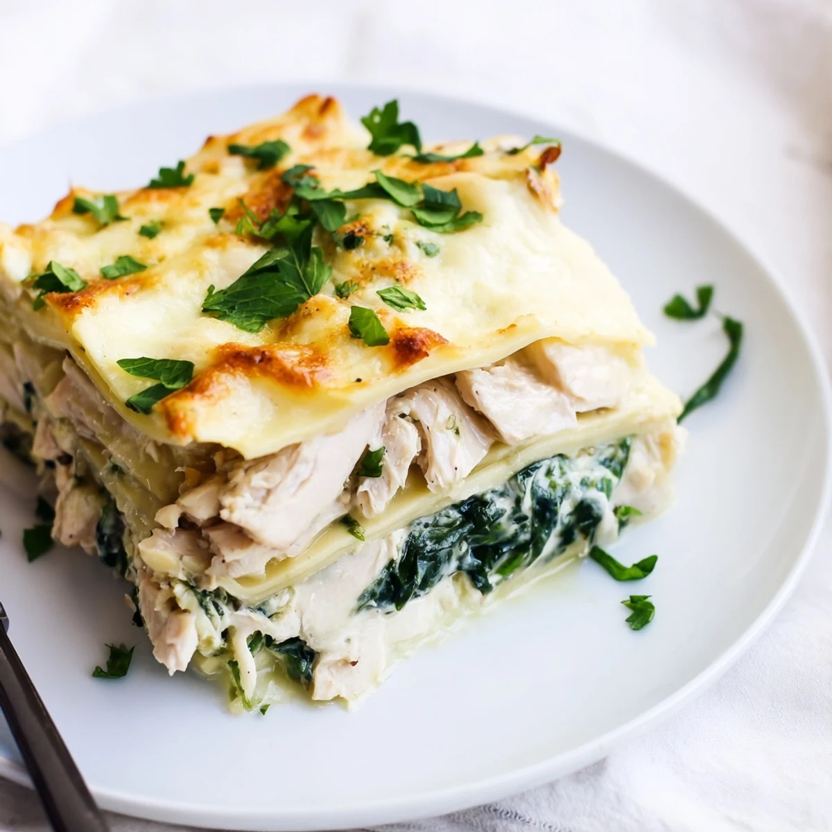 Freshly prepared Chicken Alfredo Lasagna garnished with parsley, showcasing a rich, creamy sauce and golden, bubbly cheese topping.