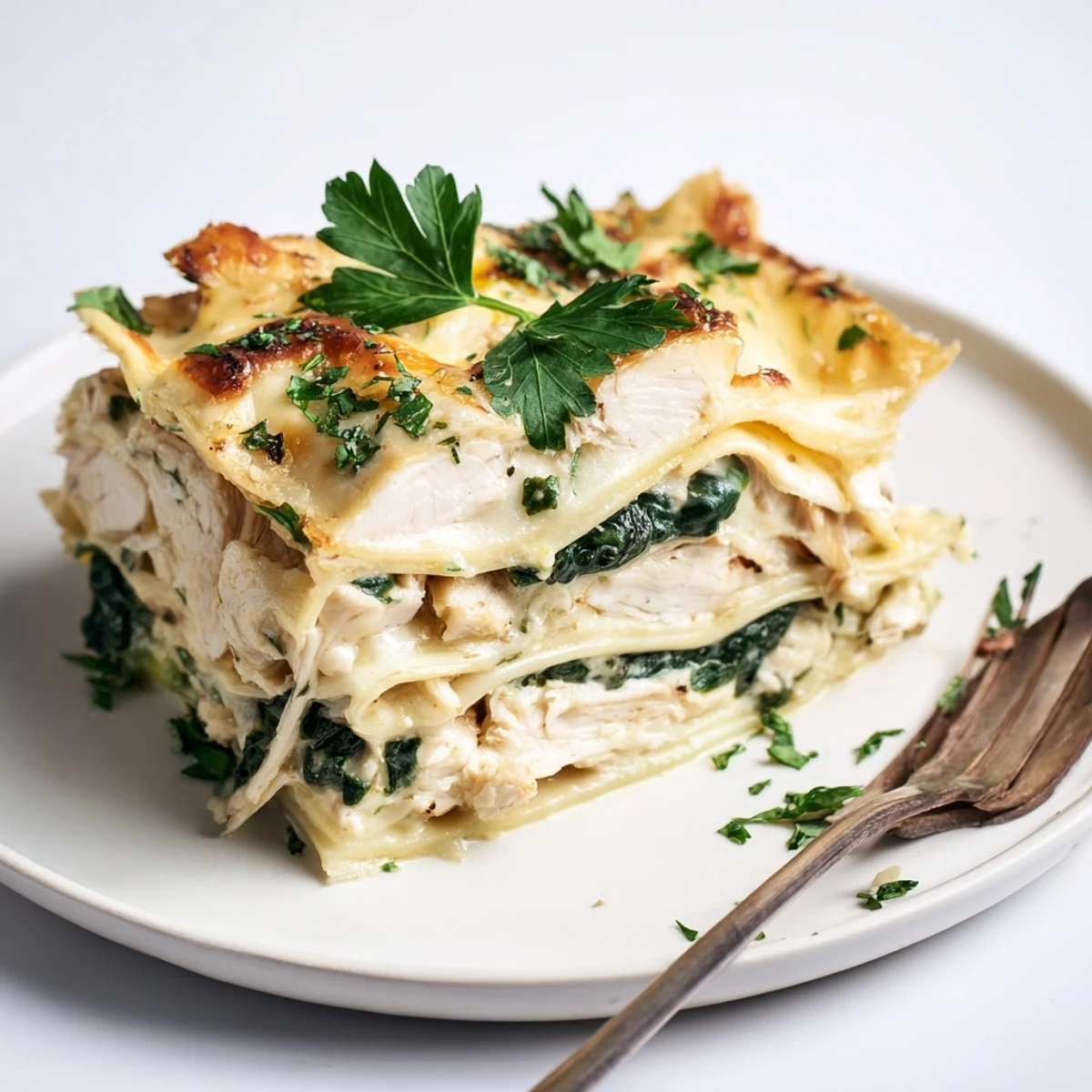 Slice of hearty Chicken Alfredo Lasagna served on a white plate, revealing layers of tender chicken, spinach, and pasta.