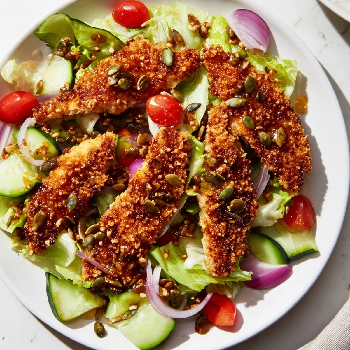 Golden crispy chicken strips glisten with spicy hot honey atop a bed of chopped romaine, cucumber, and cherry tomatoes.