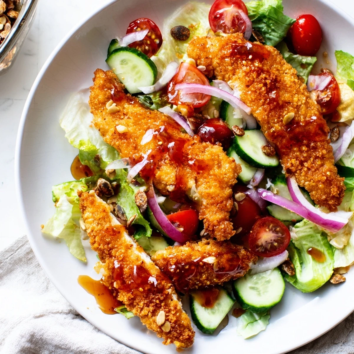 The Crispy Hot Honey Chicken Salad is plated with vibrant vegetables and a light lemon dressing.