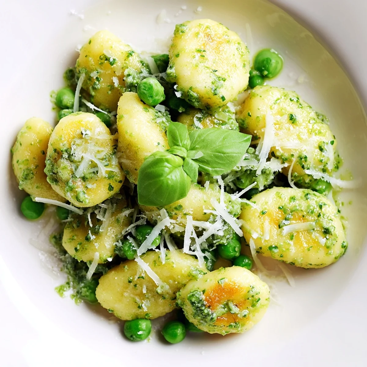Golden, pan-fried gnocchi and vibrant green peas tossed in basil pesto, served in a warm skillet.  