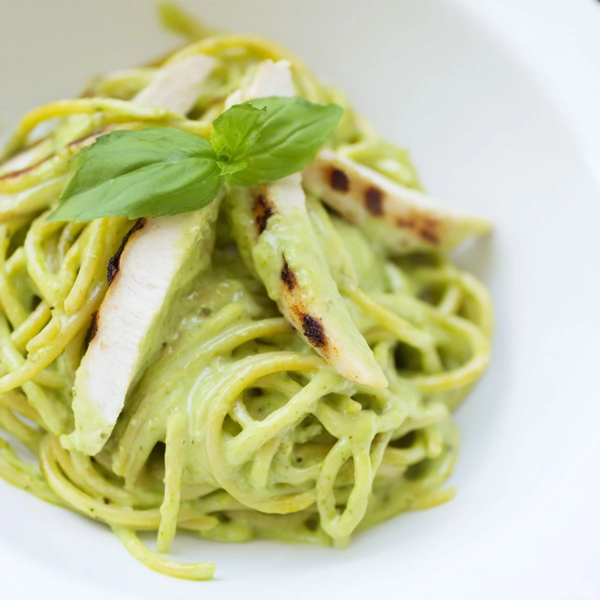 Close-up of creamy avocado chicken pasta on a plate, garnished with lemon zest and red pepper flakes.