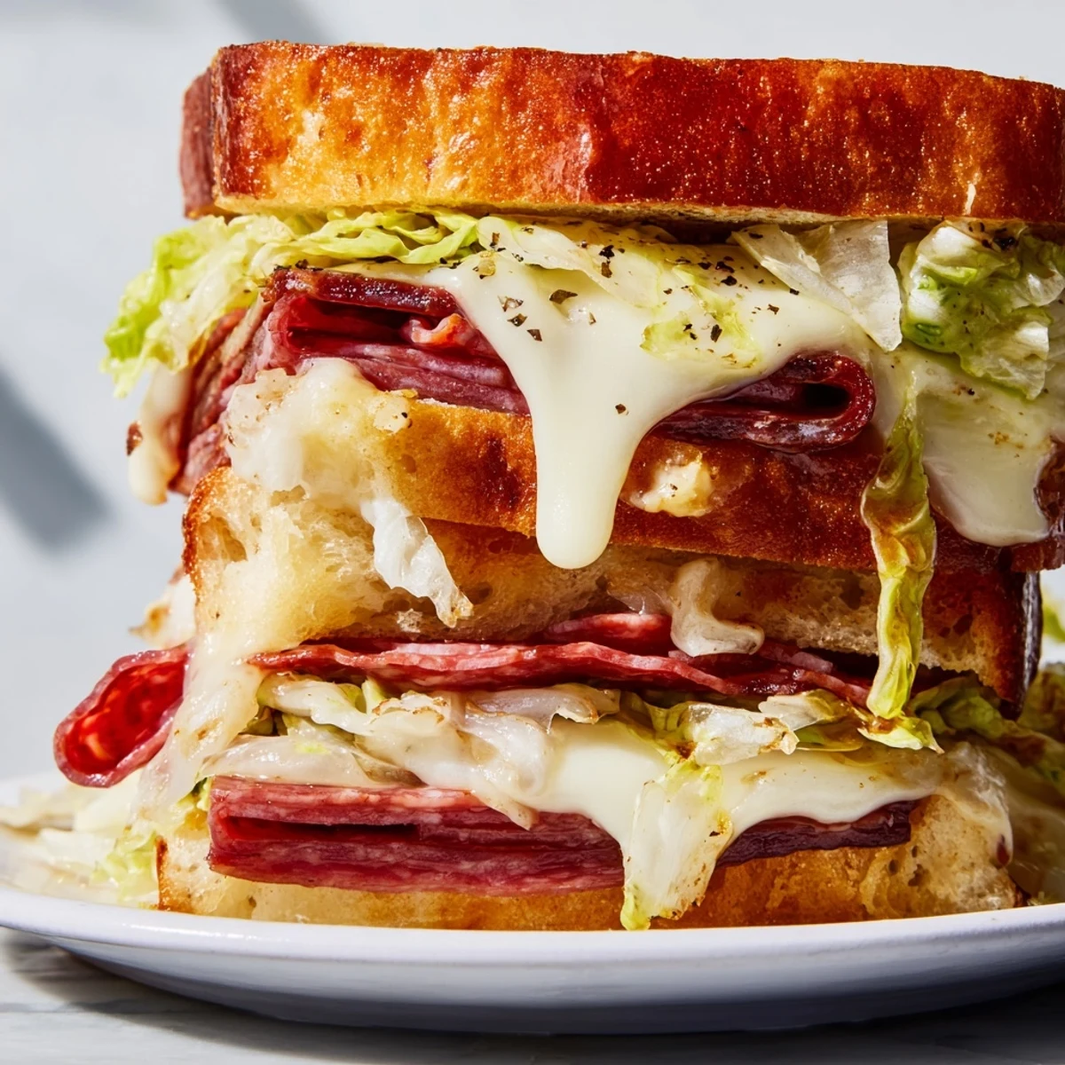 Golden-brown Italian sub grilled cheese sandwich sliced on a cutting board, revealing layers of melted provolone, salami, and peppery lettuce.  