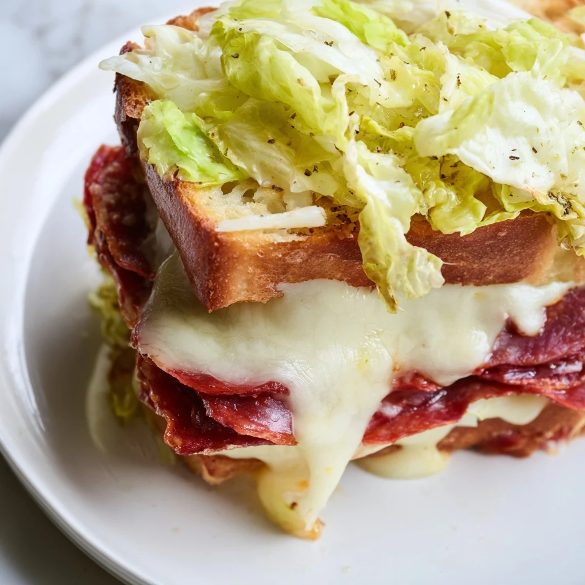 Sizzling Italian sub grilled cheese in a skillet, golden crust with visible salami and provolone melting between bread slices.
