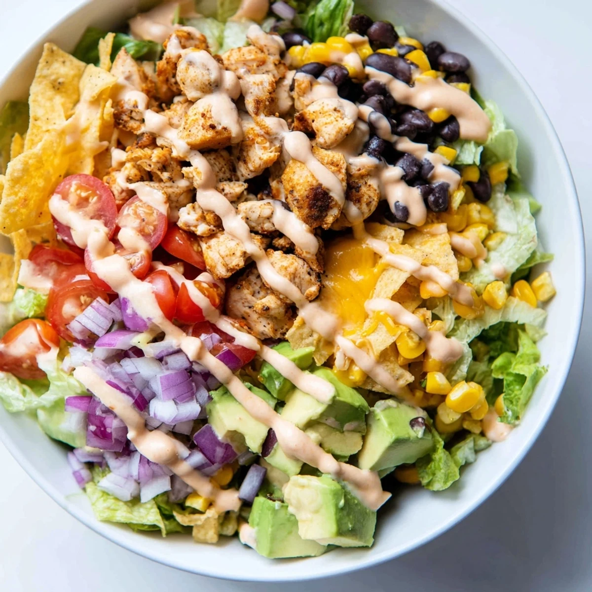 Serving suggestion for Chicken Taco Chopped Salad topped with shredded cheese and a drizzle of tangy salsa ranch.