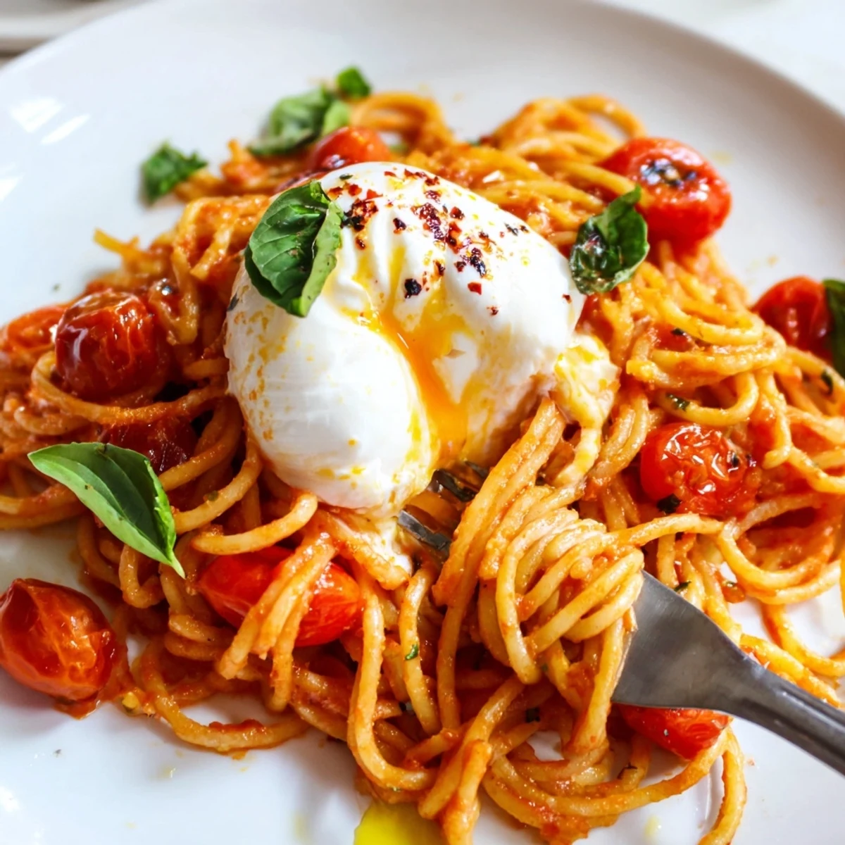 A close-up of creamy Burrata Caprese Pasta with fresh basil and glossy olive oil.  