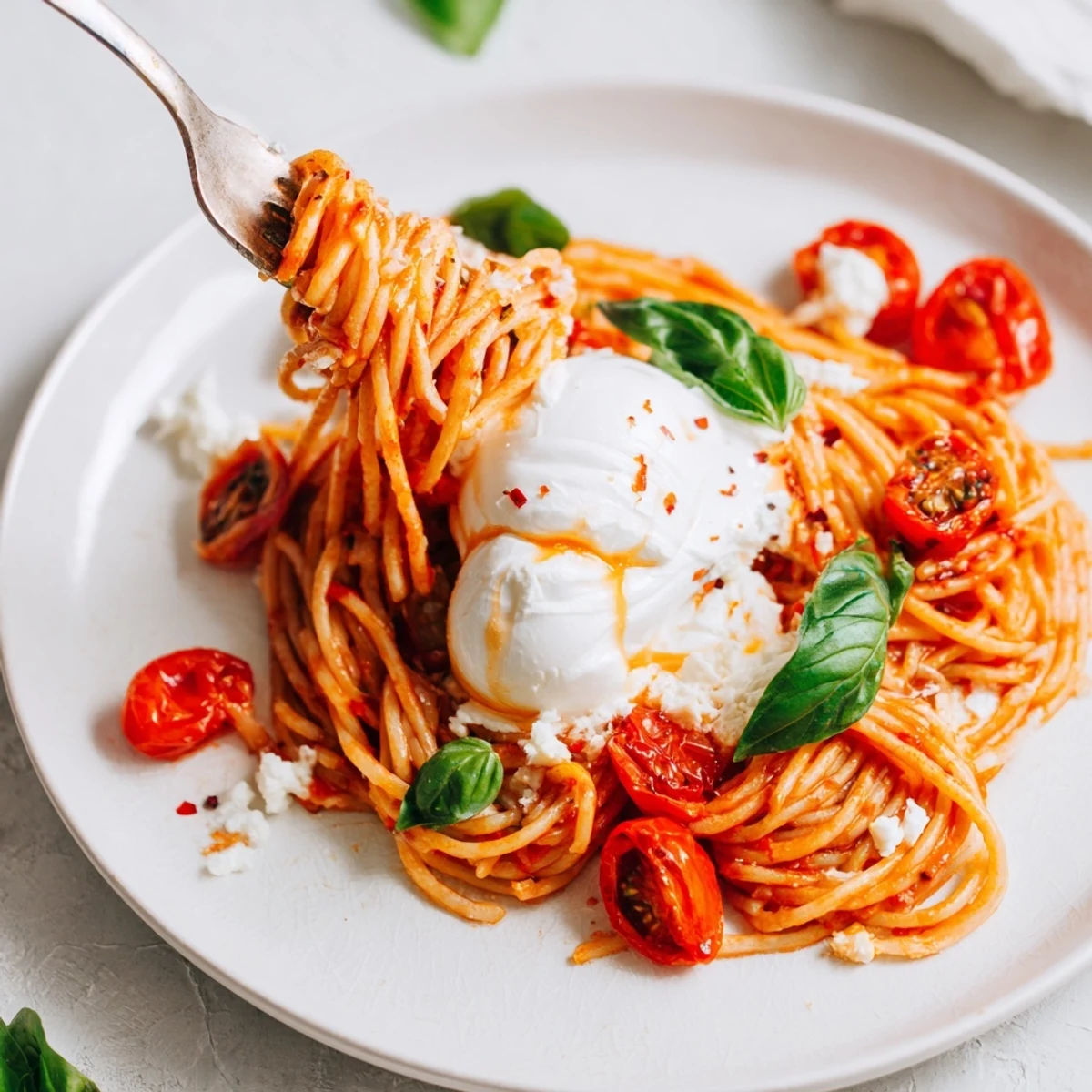 Warm Burrata Caprese Pasta with melted cheese and blistered tomatoes on a plate.  