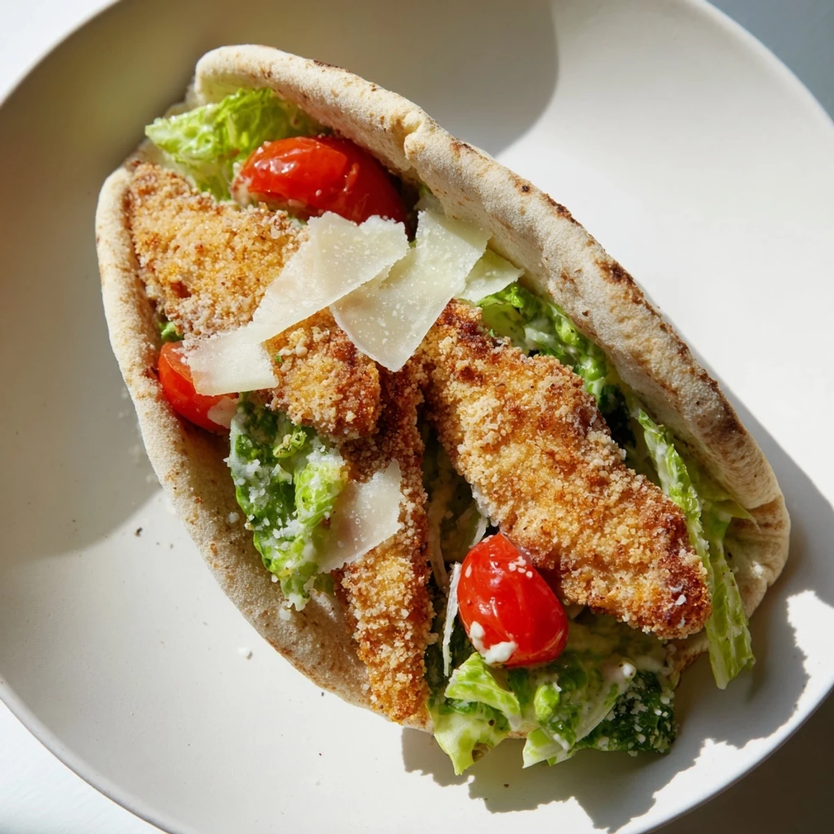 A handheld pita pocket overstuffed with air-fried crispy chicken Caesar salad, drizzled with extra dressing and topped with shaved Parmesan.