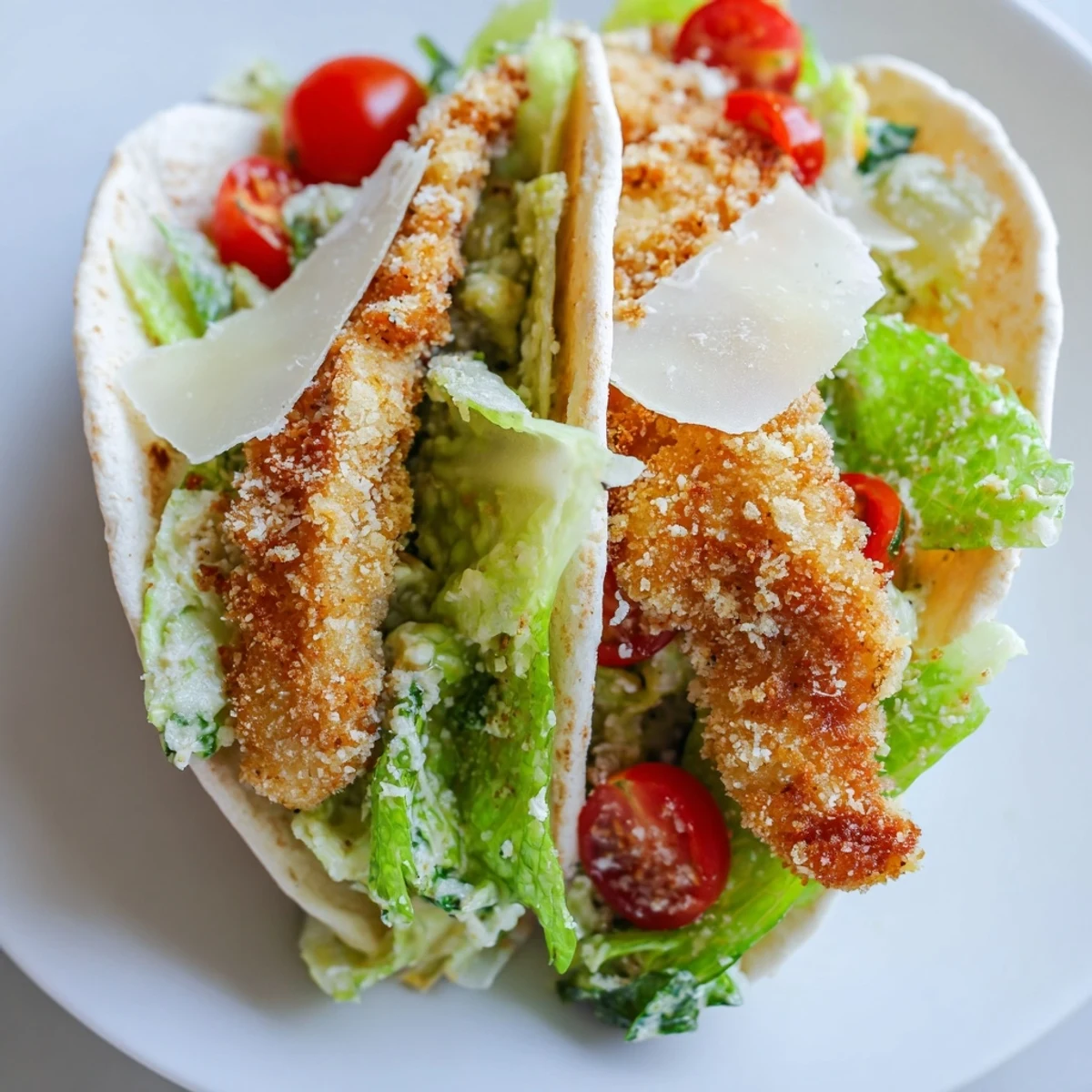 Close-up of a warm pita sandwich revealing juicy, breaded chicken strips tossed in Caesar dressing with crisp romaine and cherry tomatoes.