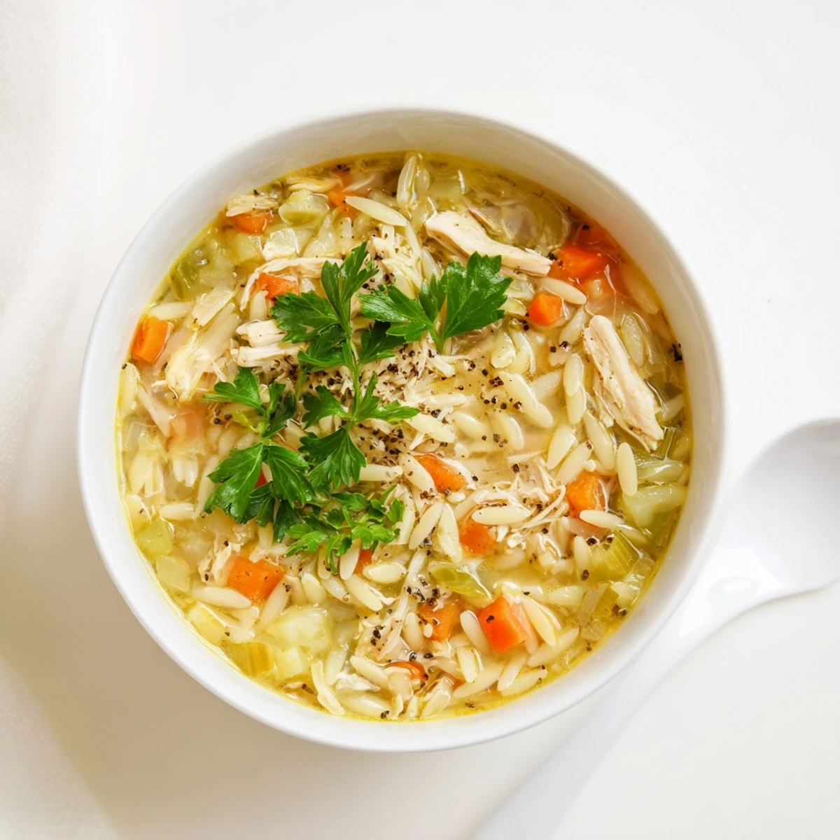 Bright Lemon Pepper Chicken Orzo Soup with shredded chicken and orzo served with lemon wedges on a rustic table.
