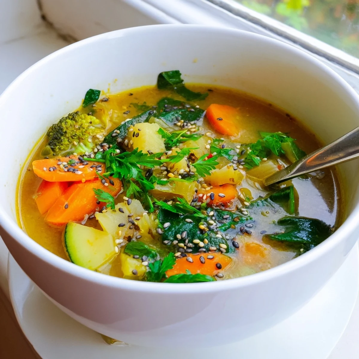 A steaming bowl of Collagen-Boosting Broth with colorful carrots, zucchini, and fresh parsley.
