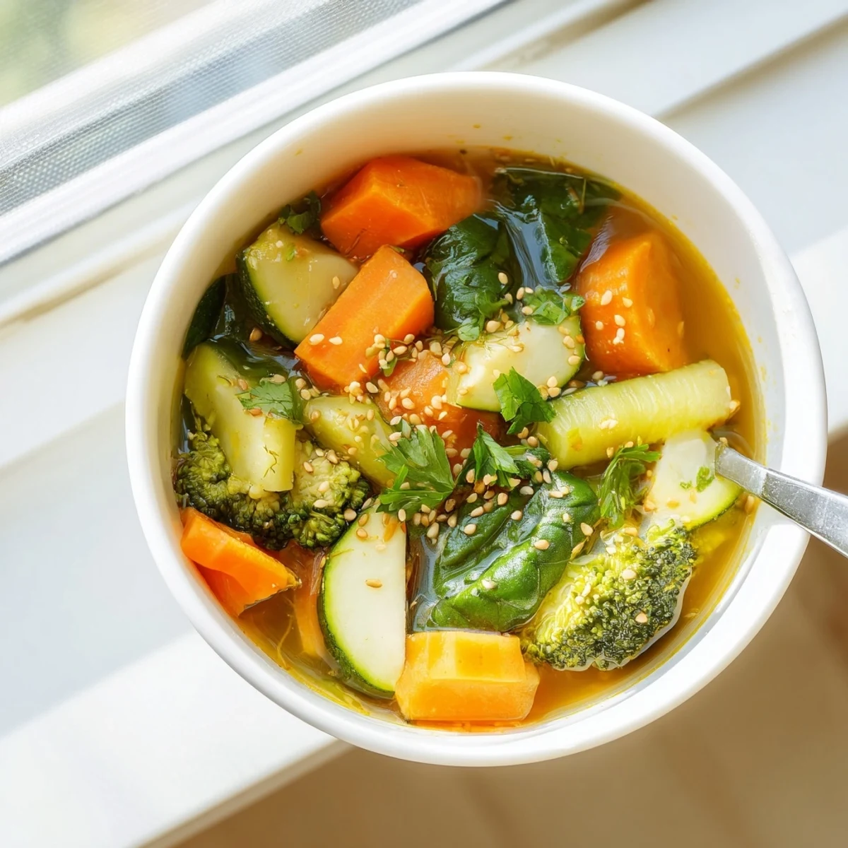 Close-up view of the nourishing Collagen-Boosting Broth Bowl, highlighting vibrant vegetables and golden turmeric broth.