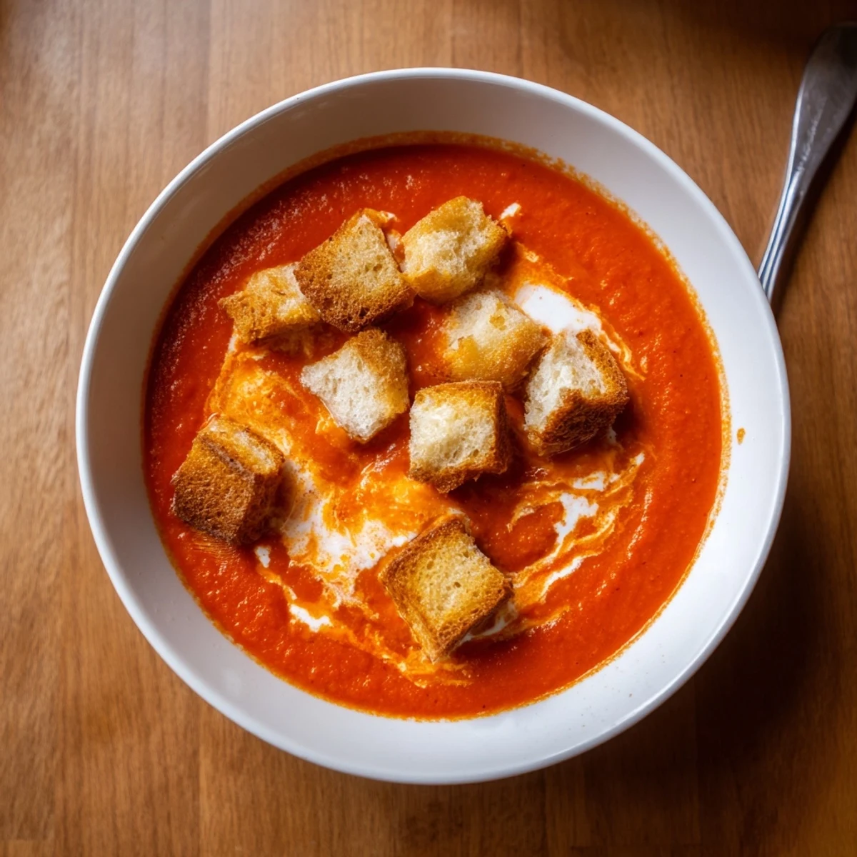 Freshly roasted tomatoes, caramelized onions, and garlic blended into a velvety smooth red soup, topped with golden crispy croutons in a white bowl.