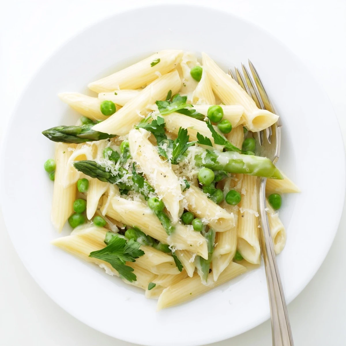 A close-up of Garlic Parmesan Spring Vegetable Pasta, with tender vegetables and glistening sauce under soft kitchen lighting.