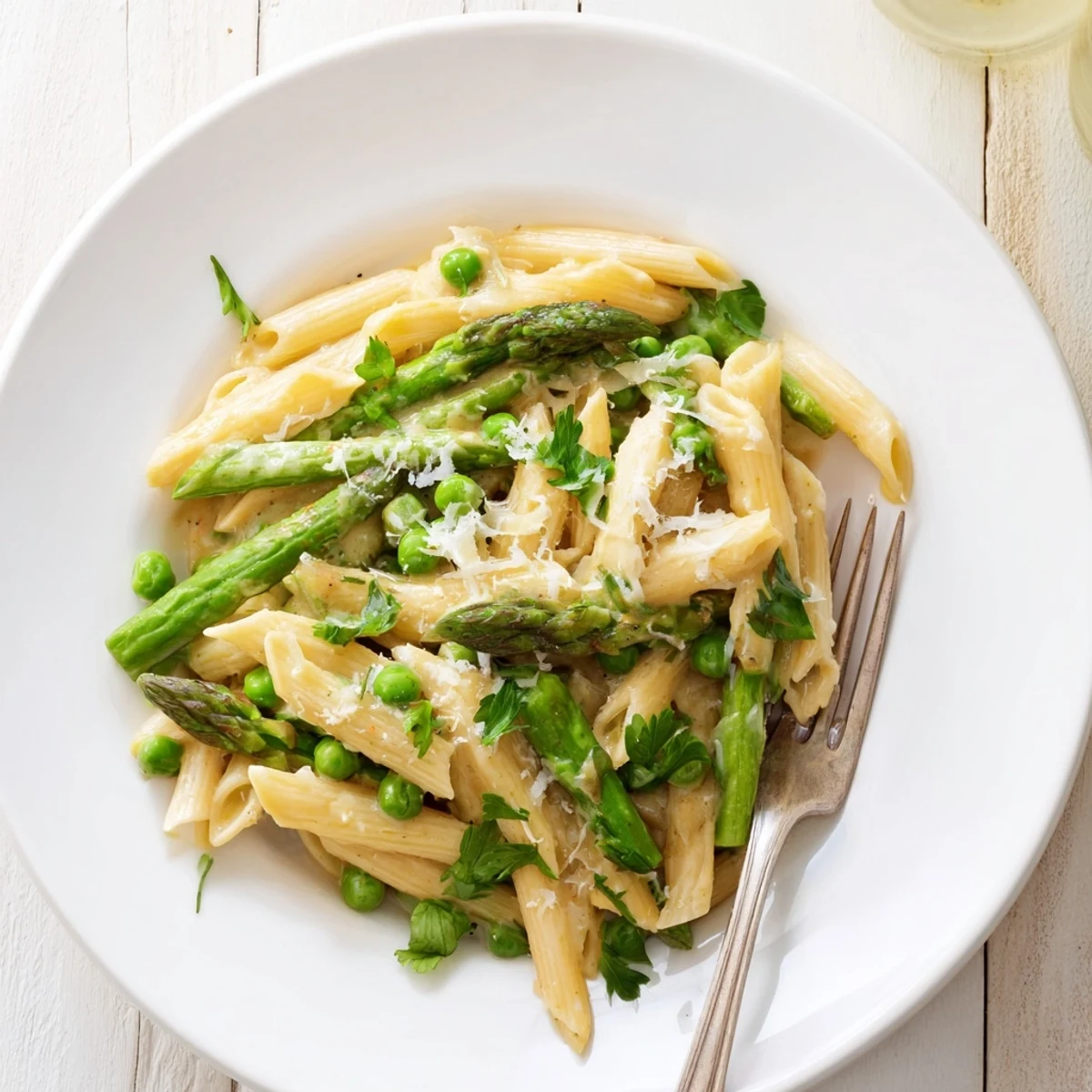 Garlic Parmesan Spring Vegetable Pasta served in a white bowl, garnished with fresh basil and a sprinkle of extra Parmesan.