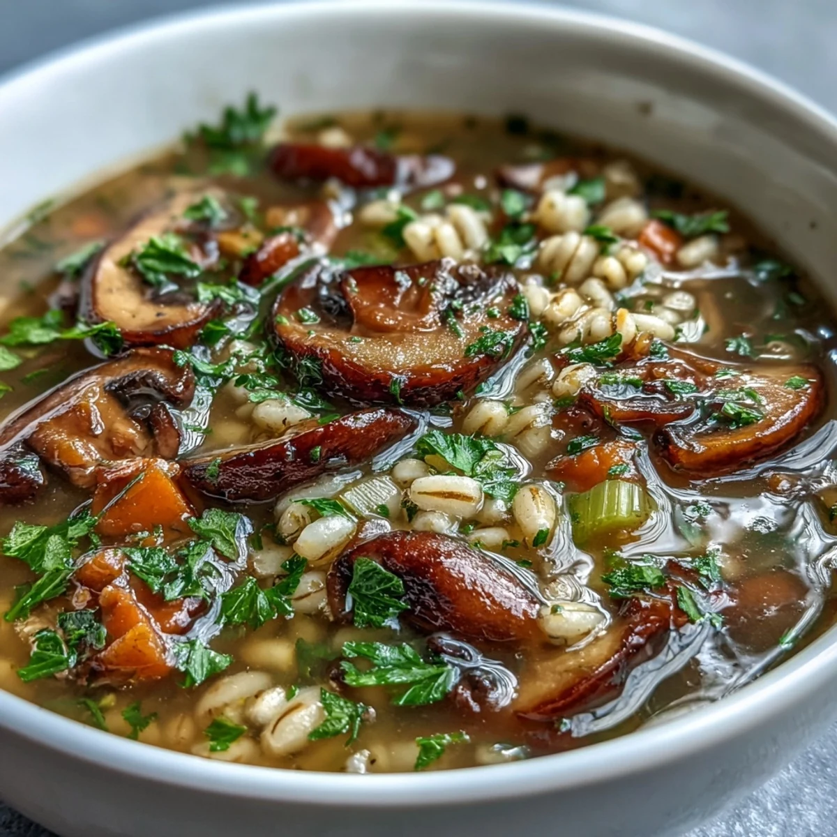 Homemade Mushroom and Barley Soup simmering in a pot, with earthy vegetables creating a cozy, nourishing meal.