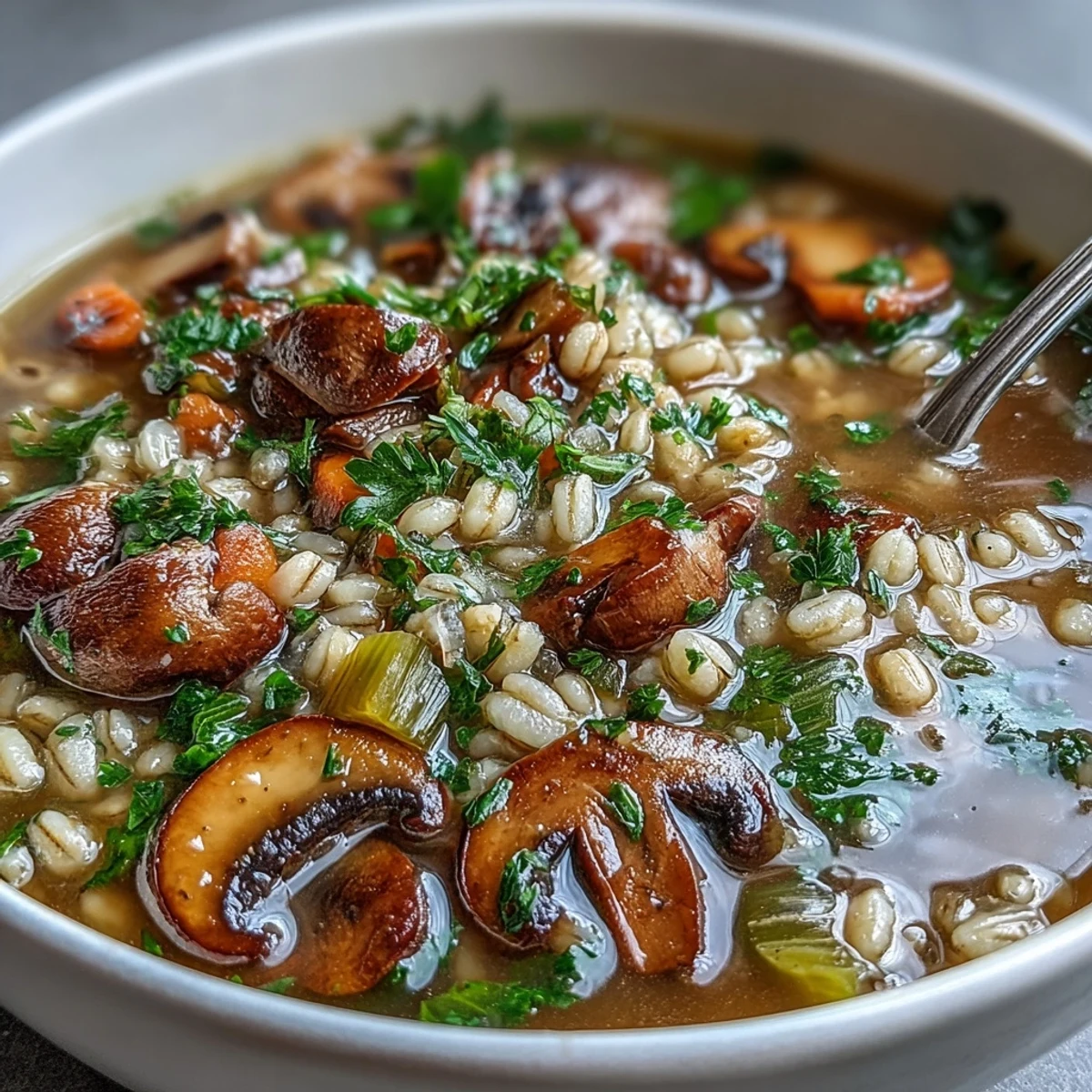 Hearty vegetarian Mushroom and Barley Soup, garnished with fresh parsley and served alongside crusty bread for dipping.