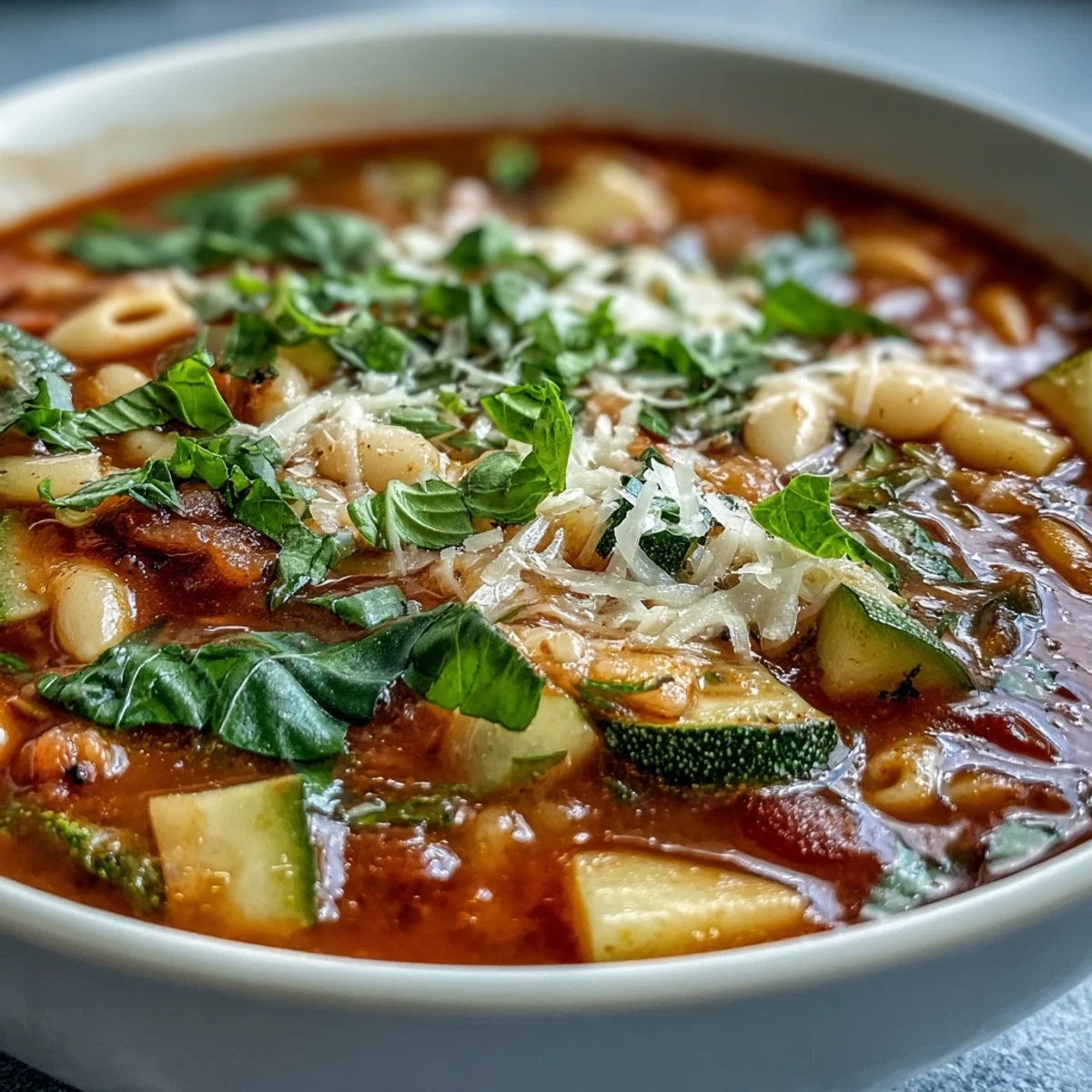 Hearty Minestrone Vegetable Soup overflowing with tender vegetables and pasta in a savory broth.