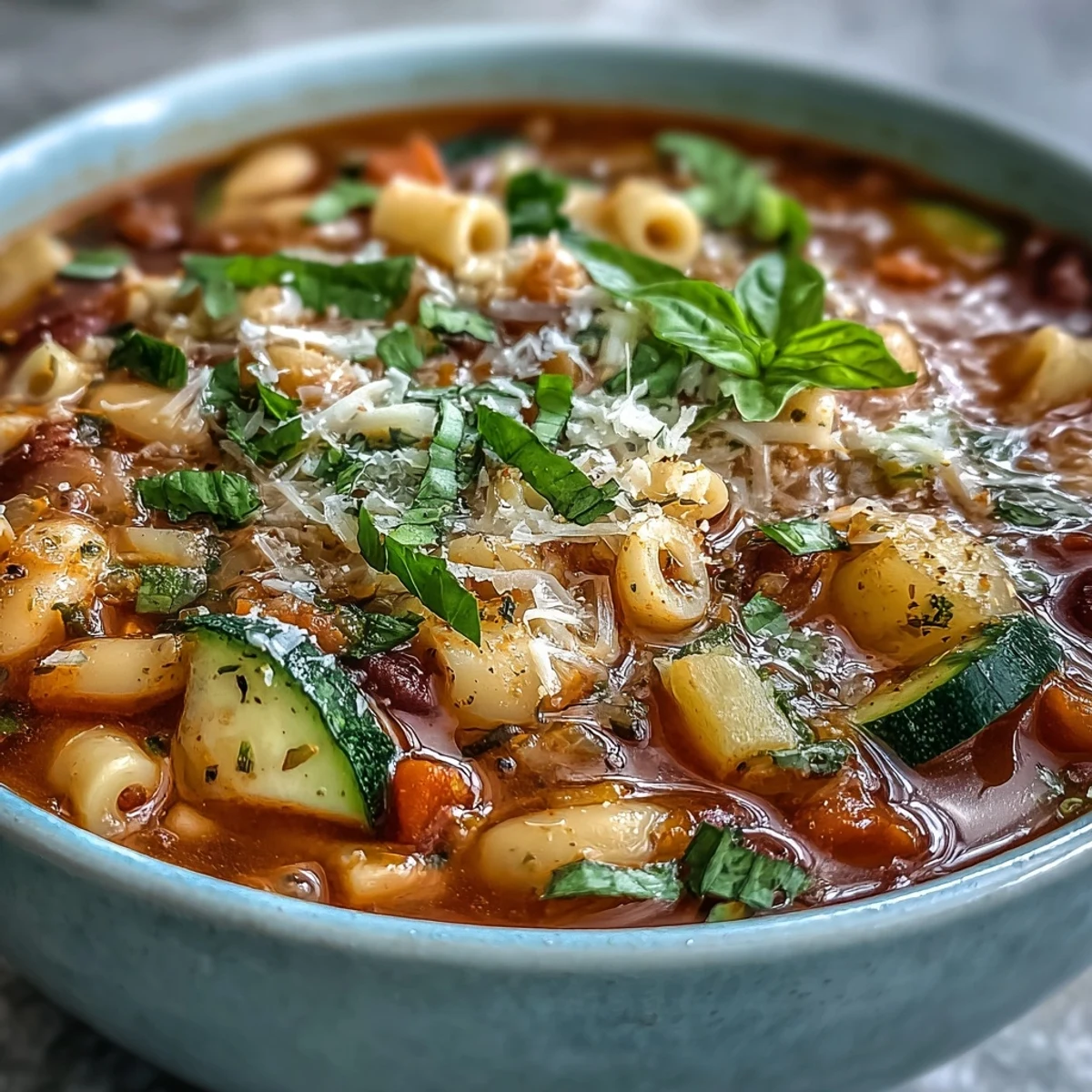 Comforting bowl of Minestrone Vegetable Soup garnished with fresh parsley and Parmesan cheese.