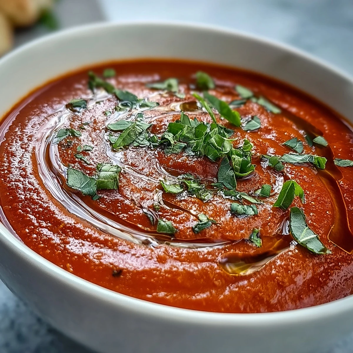 Creamy Tomato and Basil Soup in a white bowl with olive oil drizzle.