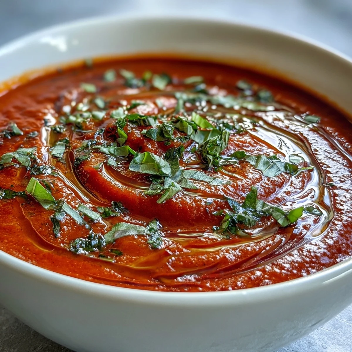 A bowl of homemade Tomato and Basil Soup served with crusty bread.