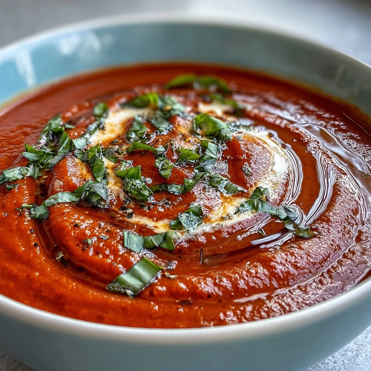Smooth Tomato and Basil Soup topped with fresh basil leaves near fresh ingredients.