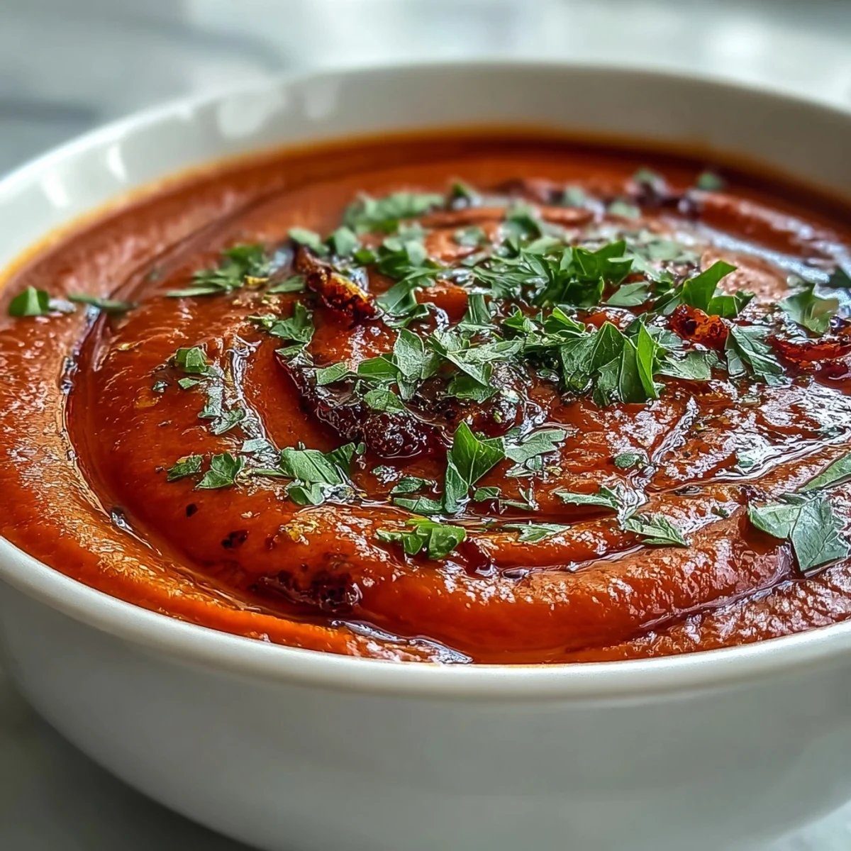 Vibrant Roasted Red Pepper Soup, creamy and rich, served with crusty bread.