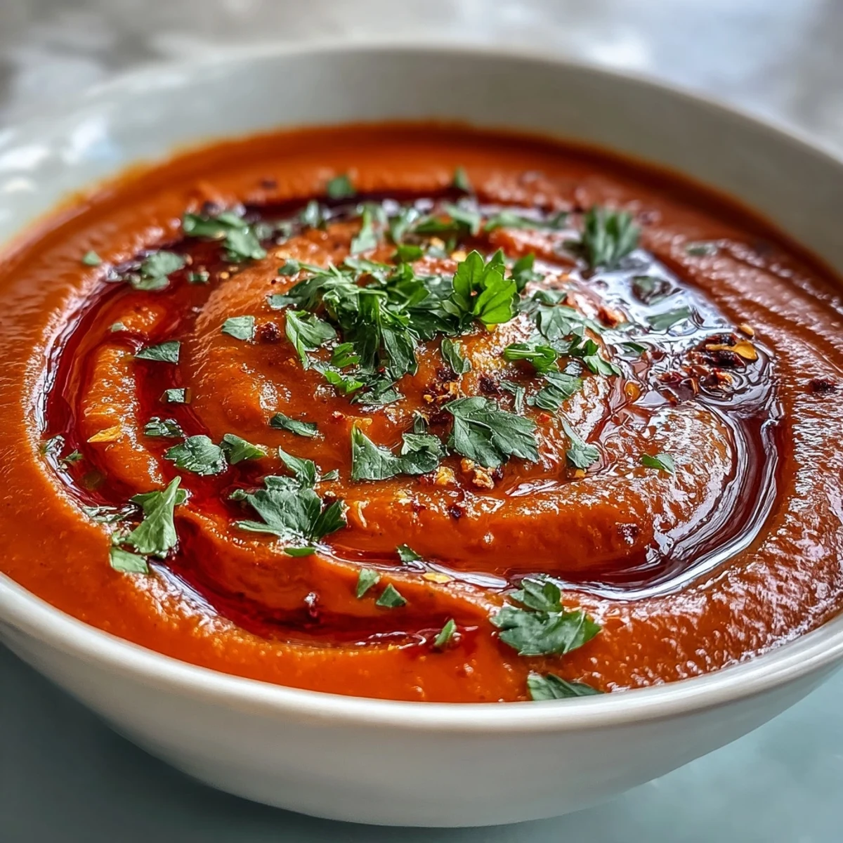 Silky smooth Roasted Red Pepper Soup, garnished with herbs and a swirl of cream.