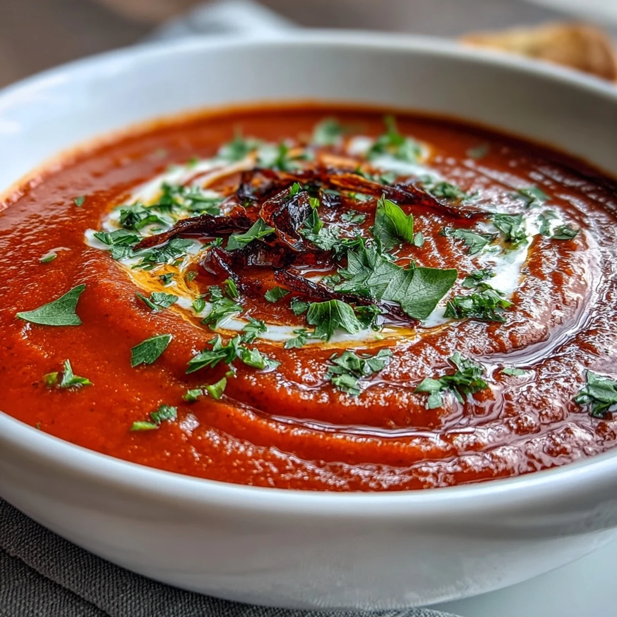 Hearty Roasted Red Pepper Soup, showcasing caramelized garlic and a hint of spice.