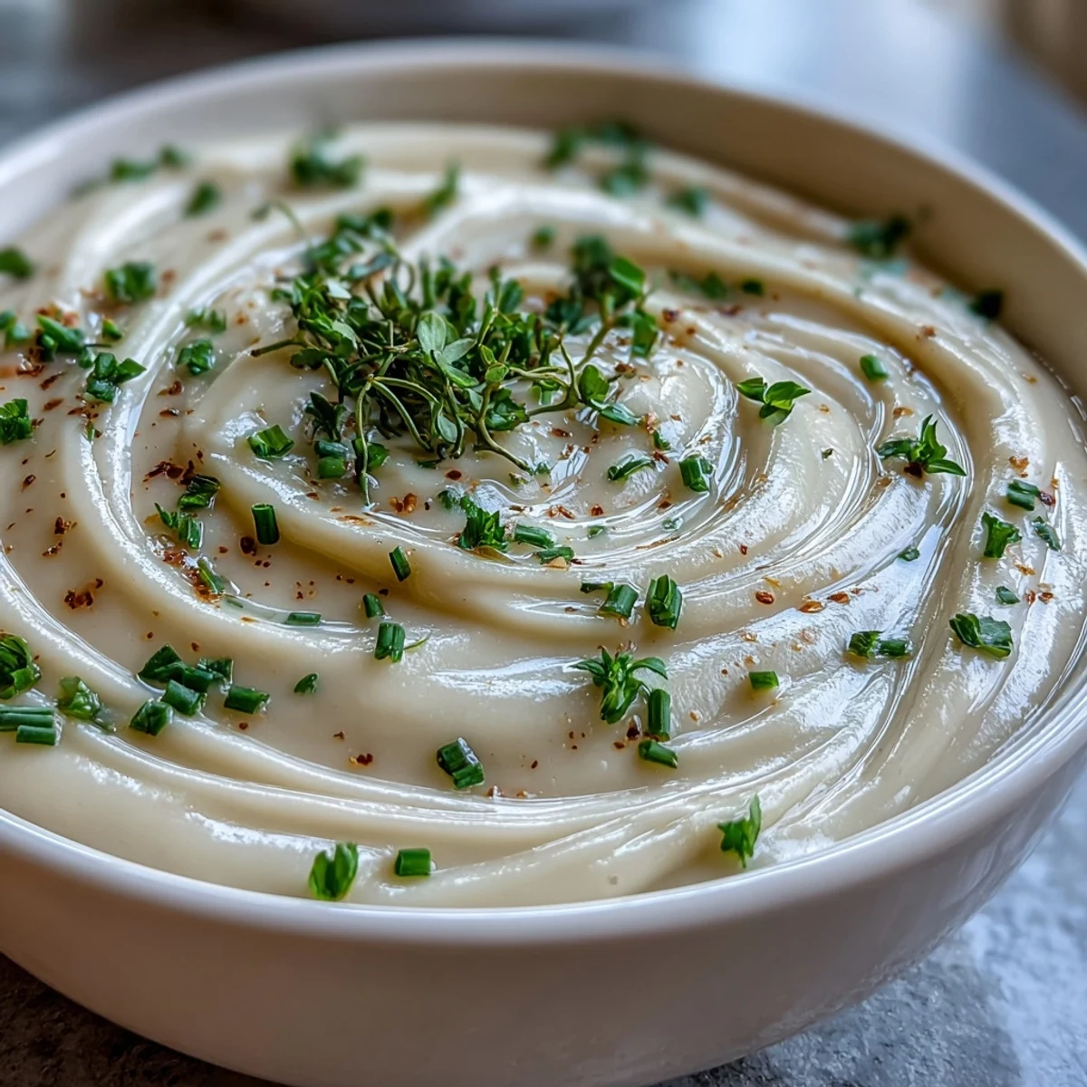 Velvety celery root bisque, a creamy French delight garnished with fresh green herbs.