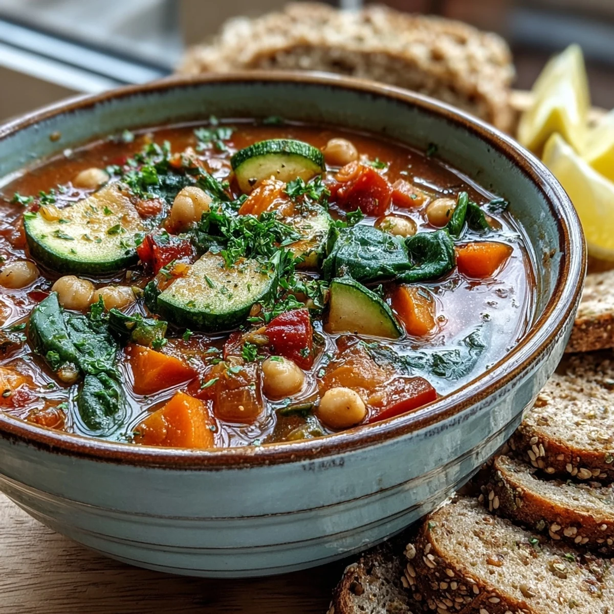 Colorful Chickpea Stew featuring red bell peppers and zucchini, steaming in a rustic bowl ready for a wholesome lunch.