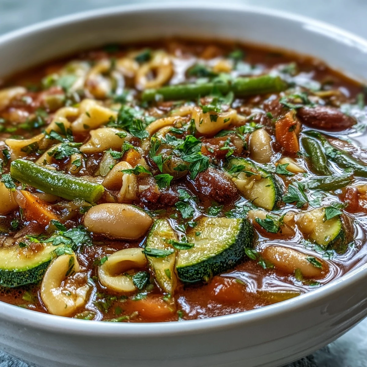 A close-up of hearty Minestrone Vegetable Soup with beans and pasta in a rustic bowl.