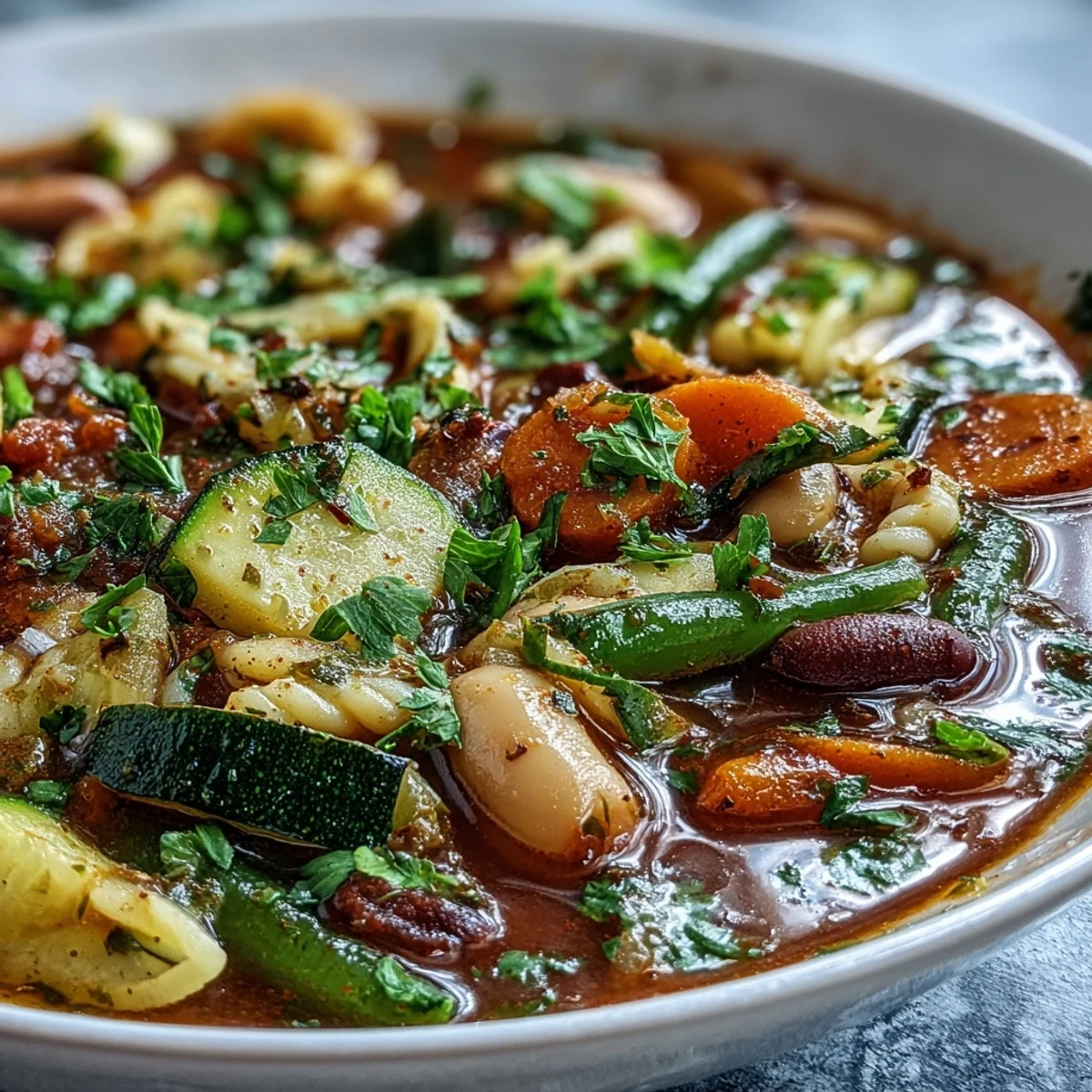 Minestrone Vegetable Soup is served with crusty bread and a glass of Chianti for a comforting Italian meal.
