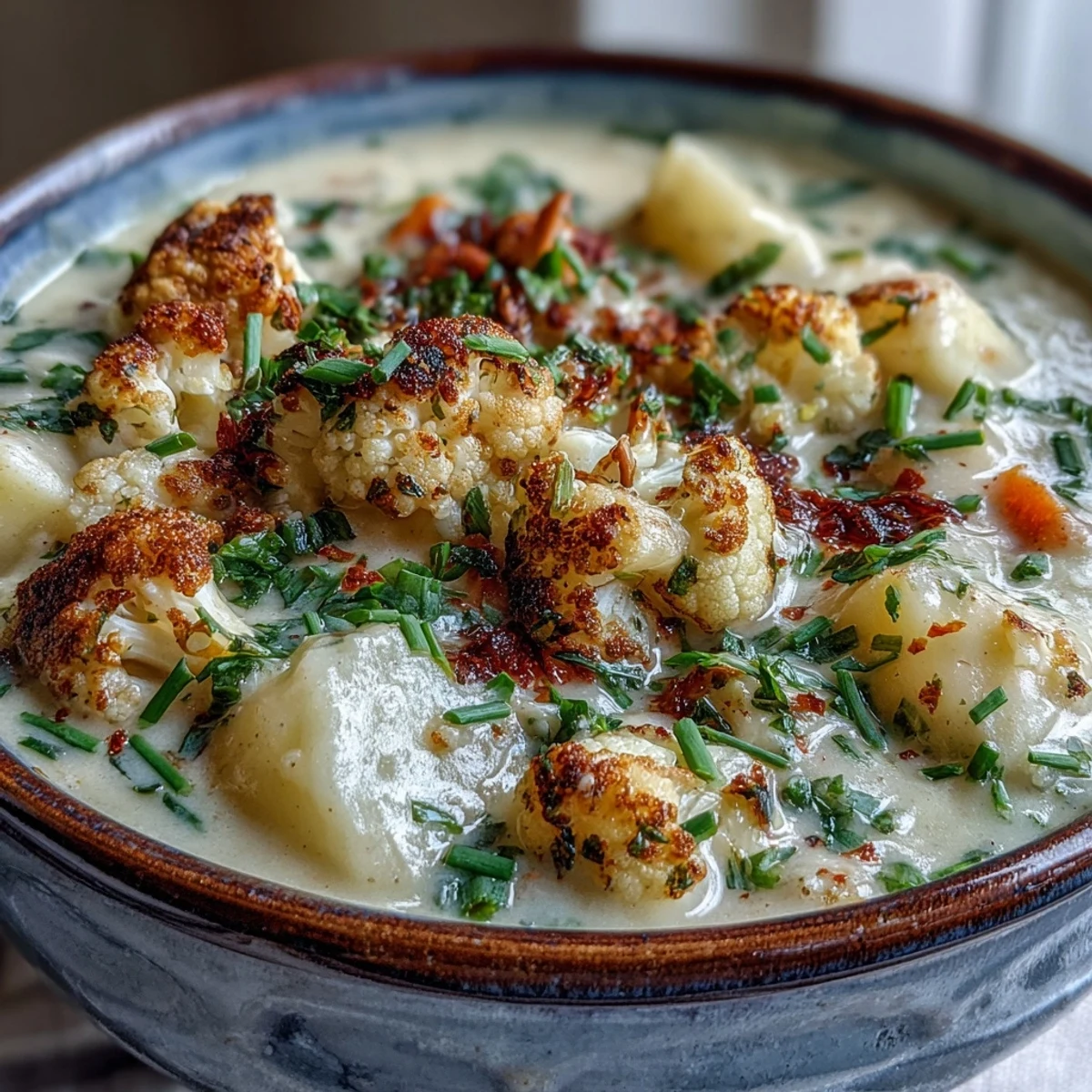 Creamy Vegetarian Cauliflower Chowder in a rustic bowl, topped with fresh chives and shredded cheese.