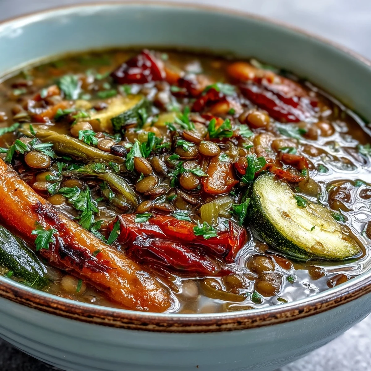 A bowl of hearty Lentil and Vegetable Soup garnished with fresh parsley and a lemon wedge, steaming warmly.