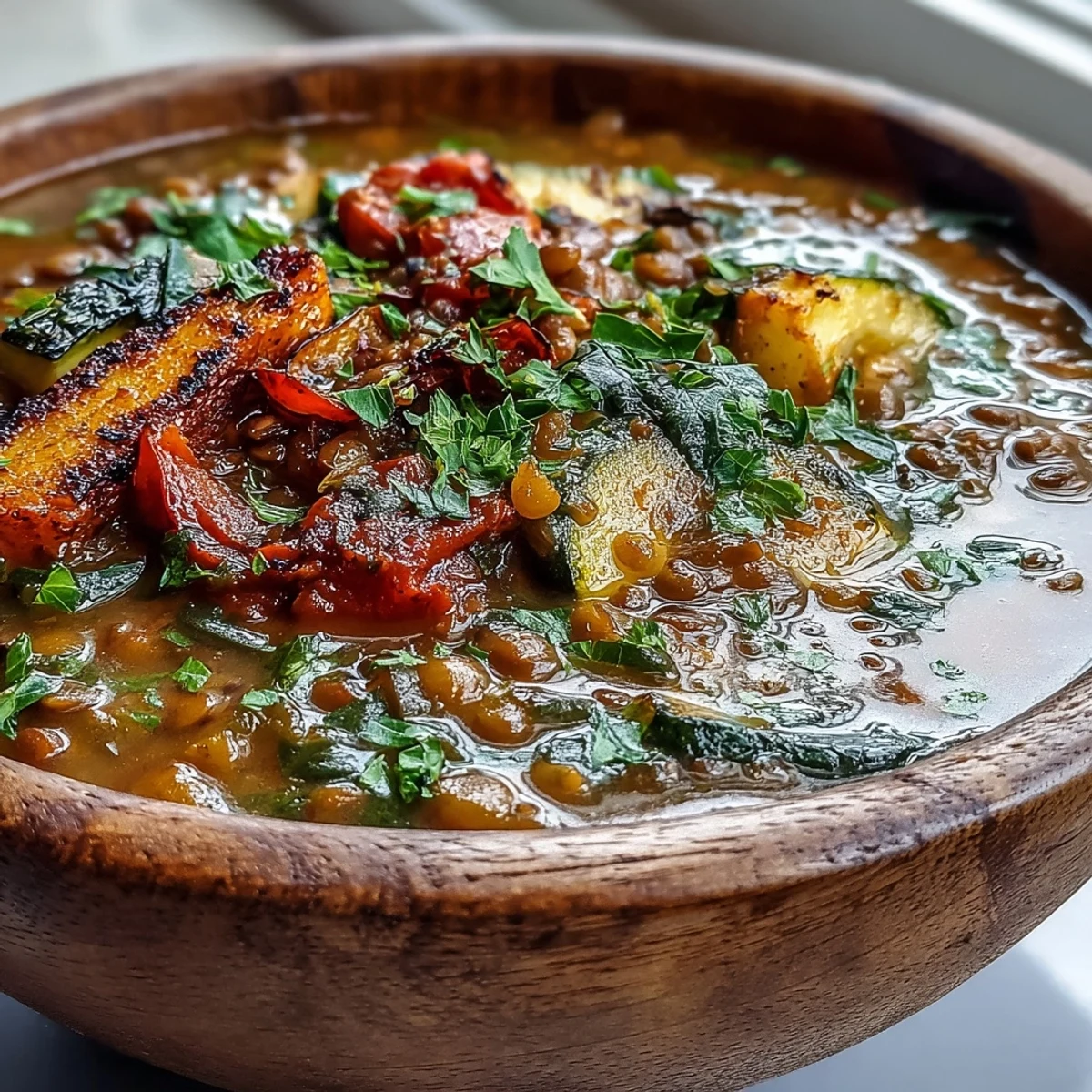 Close-up of vibrant Lentil and Vegetable Soup featuring tender lentils and colorful diced carrots and peppers in broth.