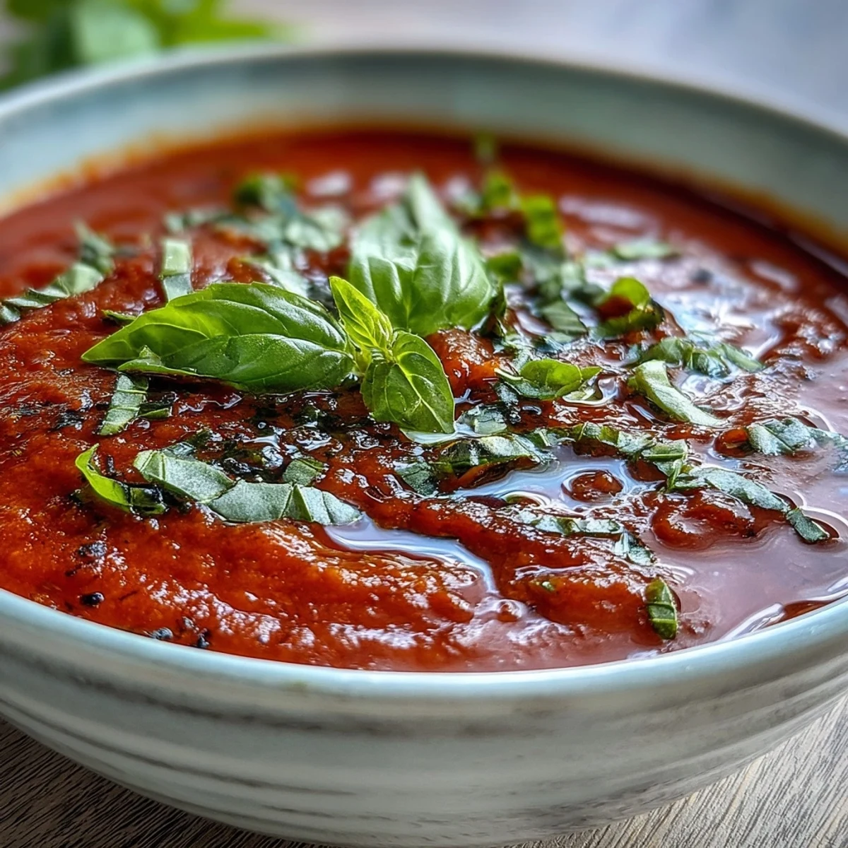 A bowl of homemade Tomato and Basil Soup served with crusty bread for dipping. 