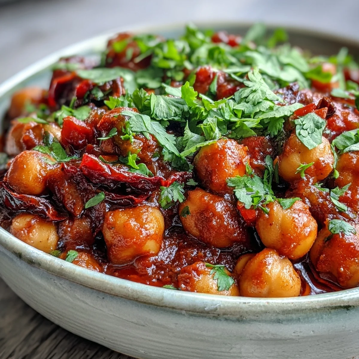Hearty Spicy Chickpea Stew simmering in a pot, topped with fresh cilantro and served alongside crusty bread.