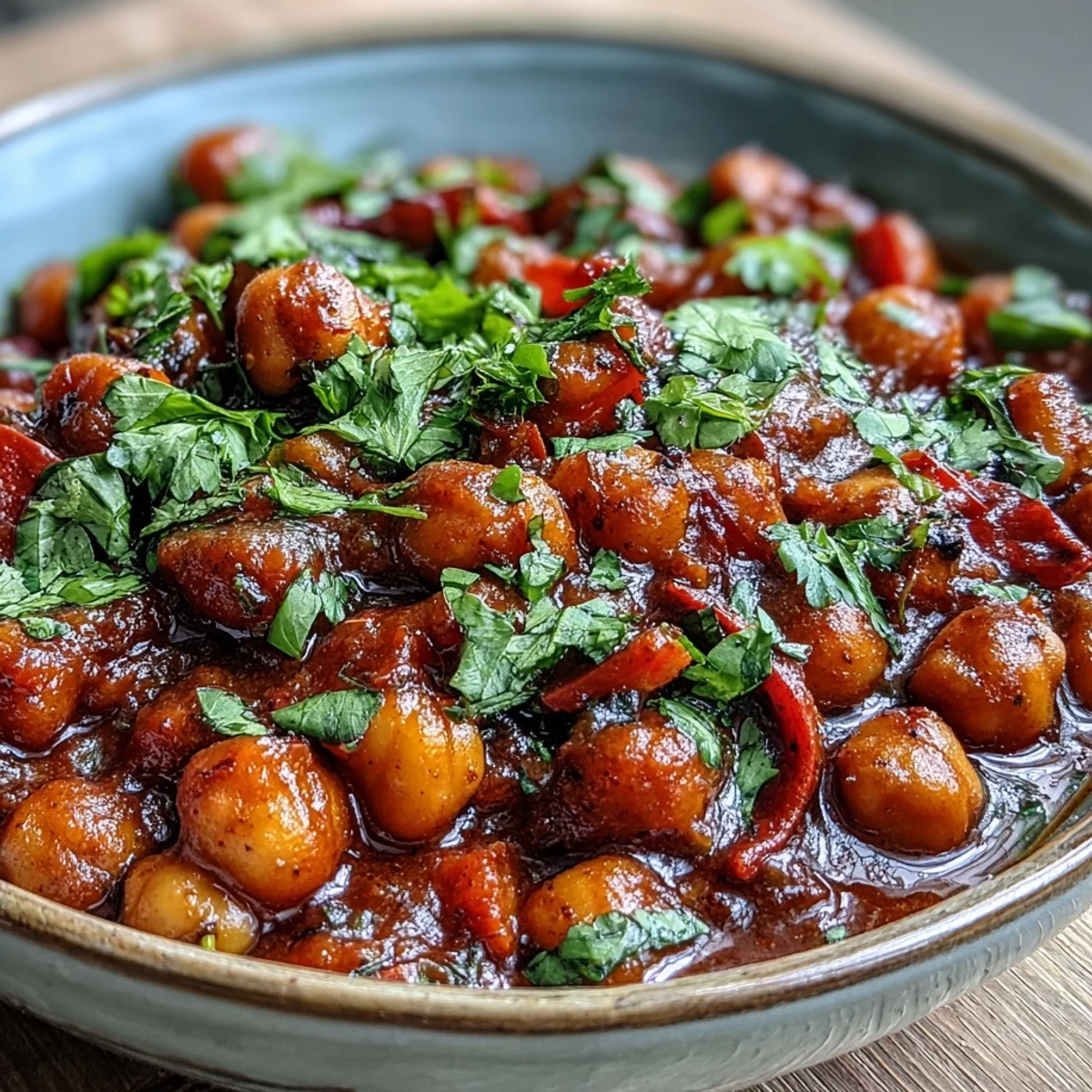 A close-up of Spicy Chickpea Stew in a rustic bowl, revealing tender chickpeas and vibrant vegetables in rich tomato broth.